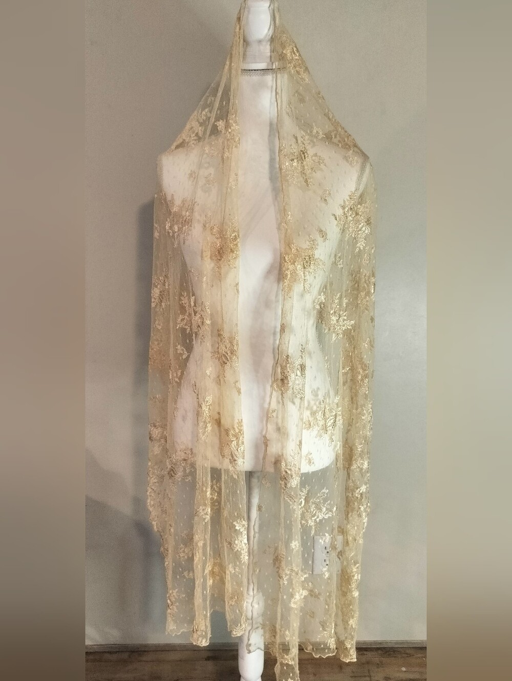Gold Floral Lace Scarf & Wrap - Elegant Sheer Accent
